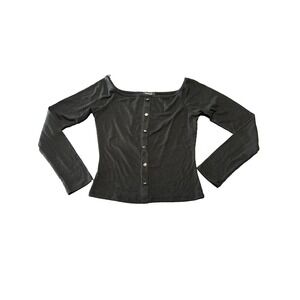 Ambience Cropped Ribbed Long Sleeve Top Women's Medium Boat Neck Faux Buttons